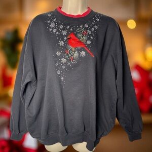 Trilogy Winter Black Sweatshirt Embroidered Cardinal Rhinestone Snowflakes XL